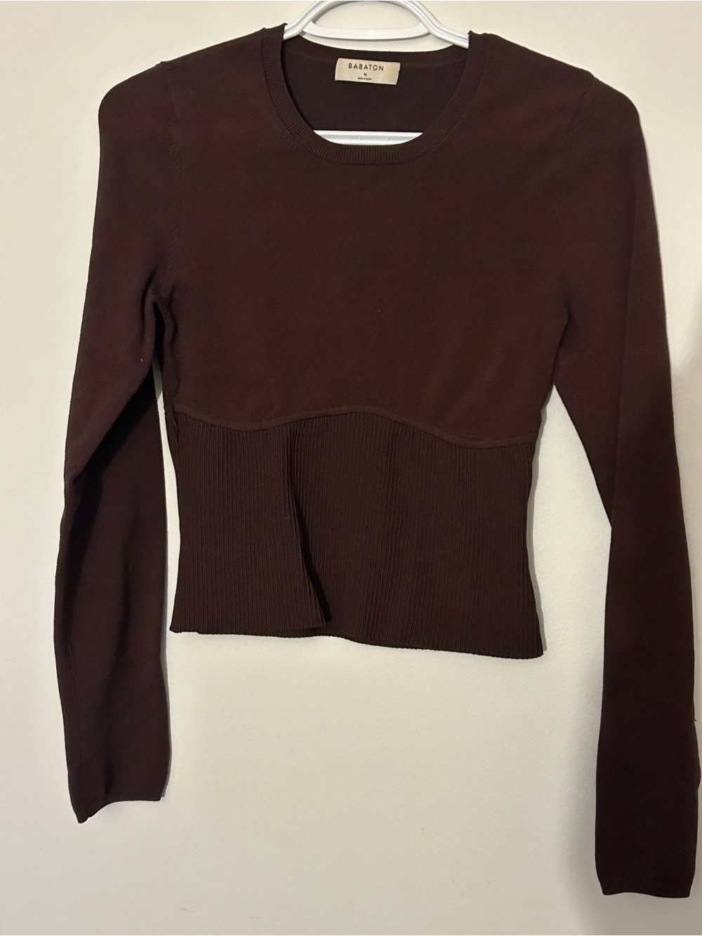 Babaton Chocolate Brown Long-Sleeve Ribbed Panel Top